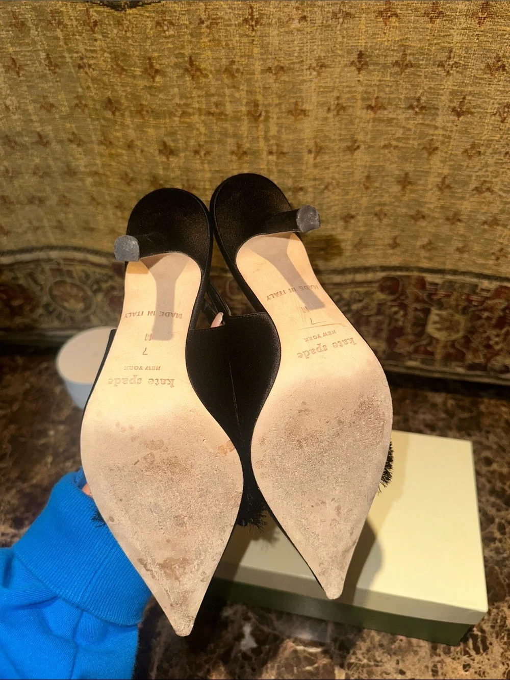 Kate Spade Black Satin Pointed Slingback Heels with Bow Accent